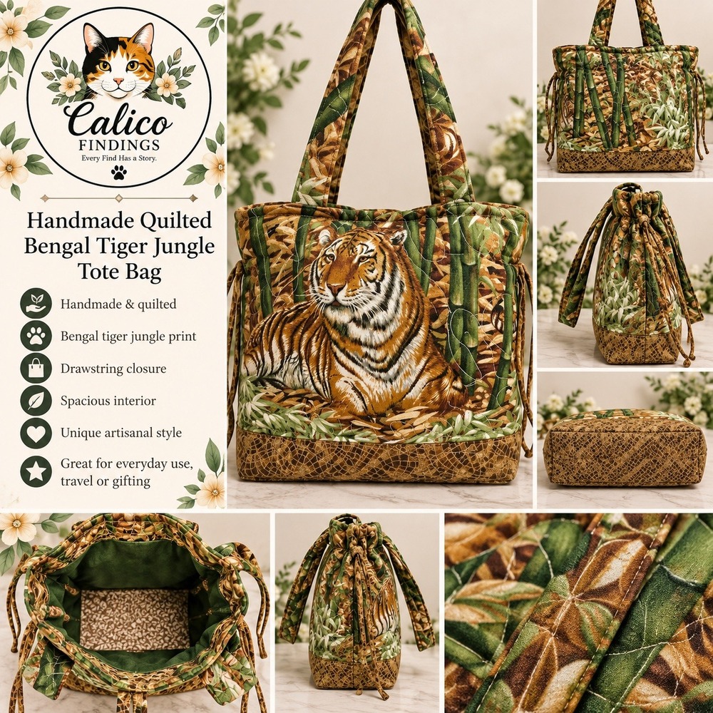 Handmade Quilted Bengal Tiger Jungle Bamboo Tote Bag Drawstring Green Brown